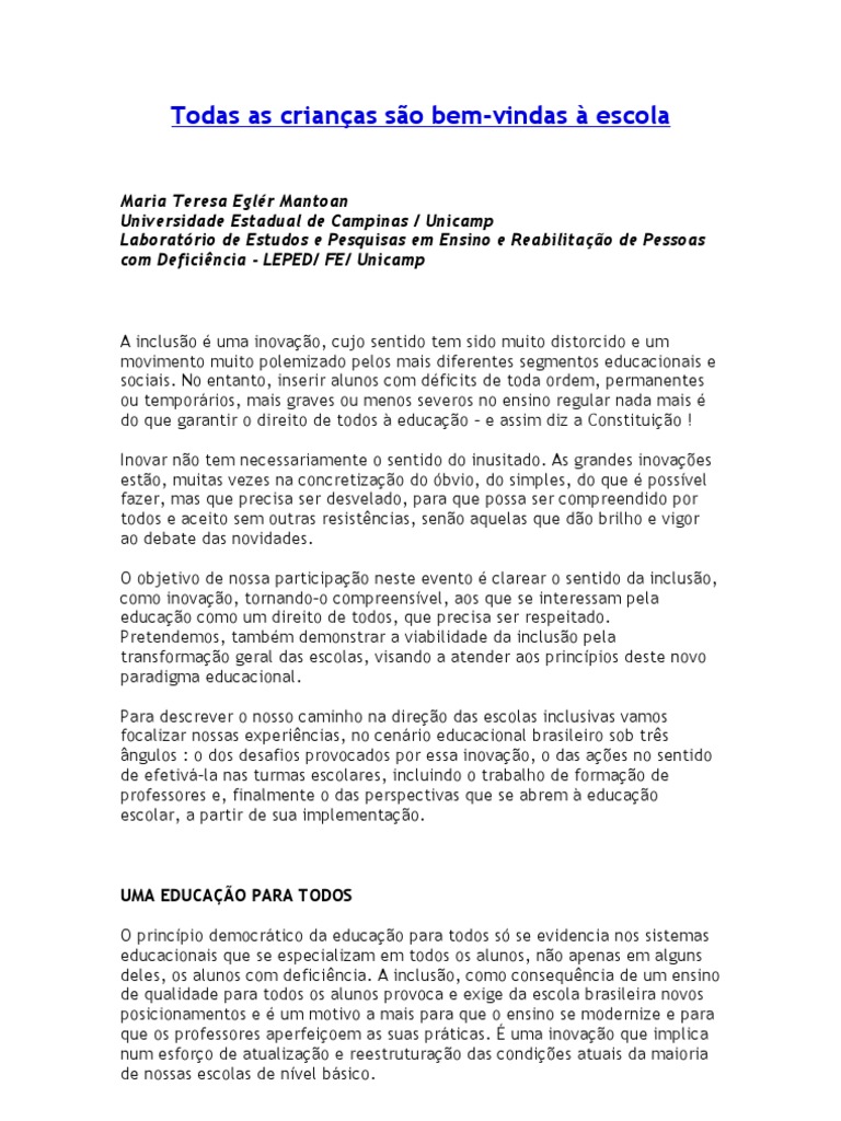 Texto Sobre Inclusão Escolar | PDF | Educação Especial | Escolas