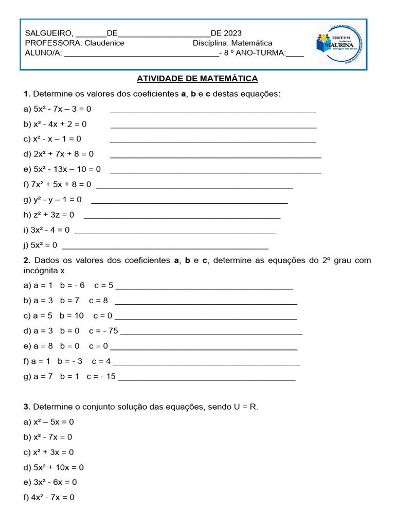 Atividades de Equações do 2º Grau | PDF | Tecnologia e Engenharia