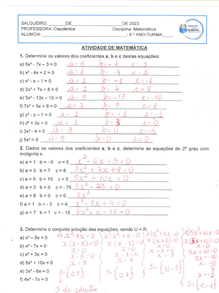 Atividade de Equação Do 2º Grau - Gabarito | PDF