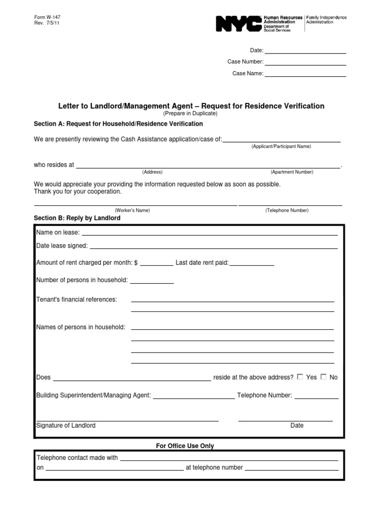 Residence Verification Request Form W-147 | PDF | Landlord | Lease