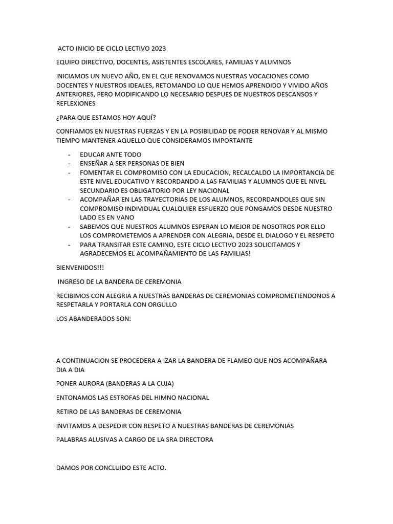 Bienvenida al Ciclo Lectivo 2023 | PDF