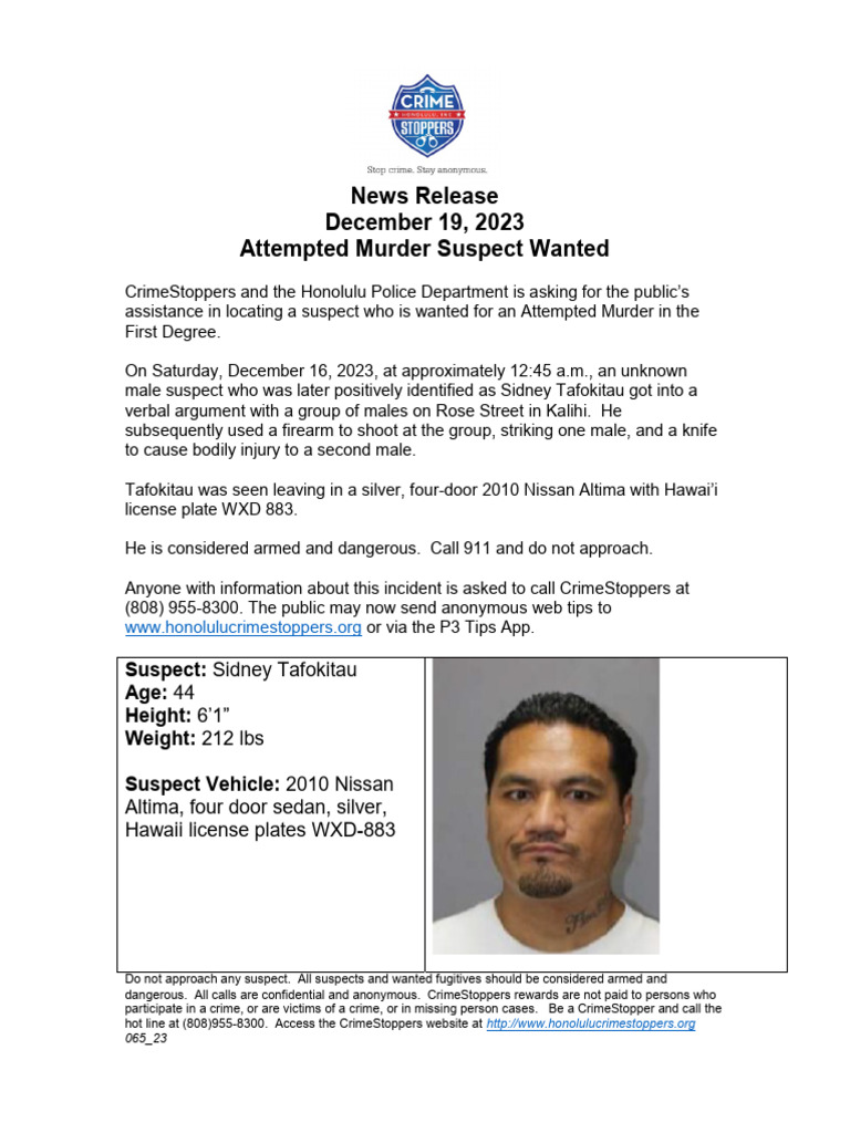 Wanted: Sidney Tafokitau for Attempted Murder | PDF