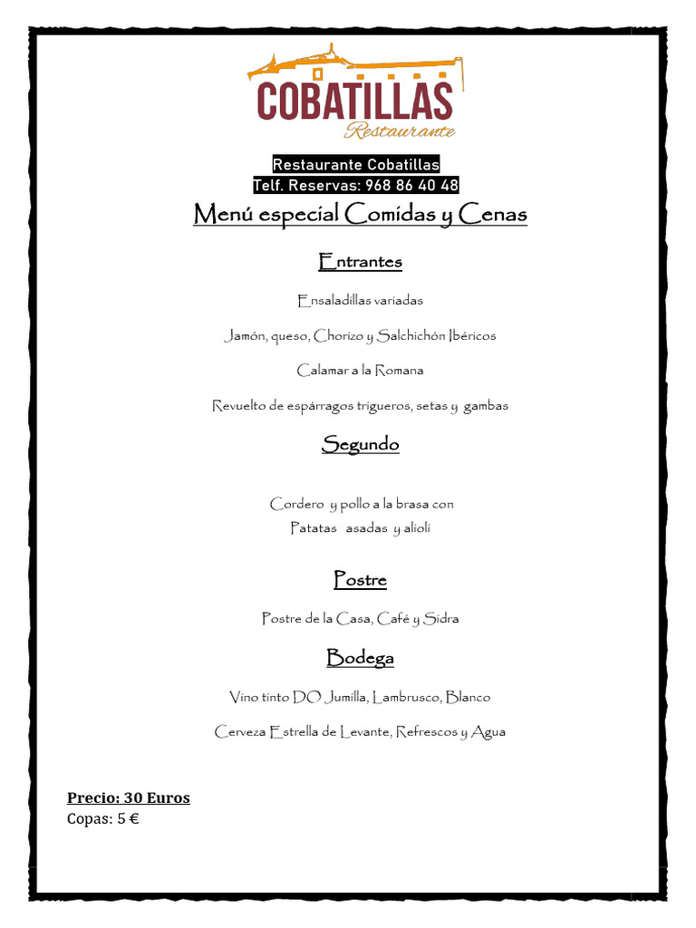 Menú Especial del Restaurante Cobatillas | PDF | Comida y bebida ...