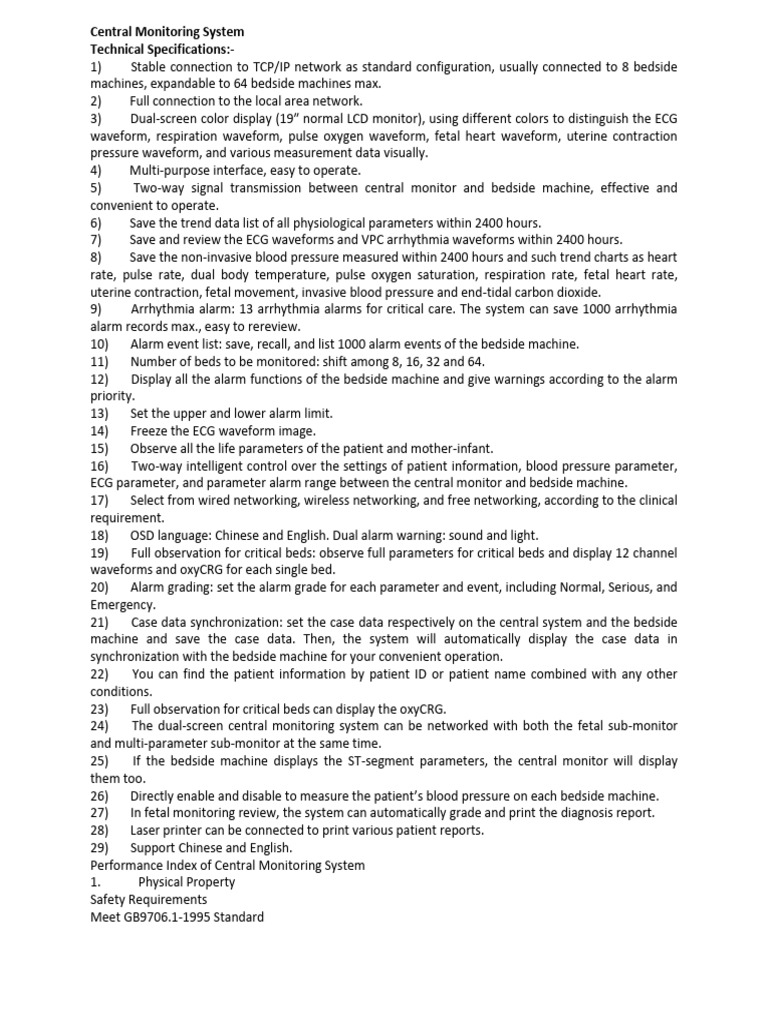 Central Monitoring System Specs | PDF | Monitoring (Medicine ...