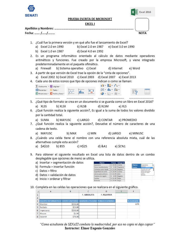 Examen de Microsoft Excel I | PDF | Microsoft Excel | Microsoft Windows