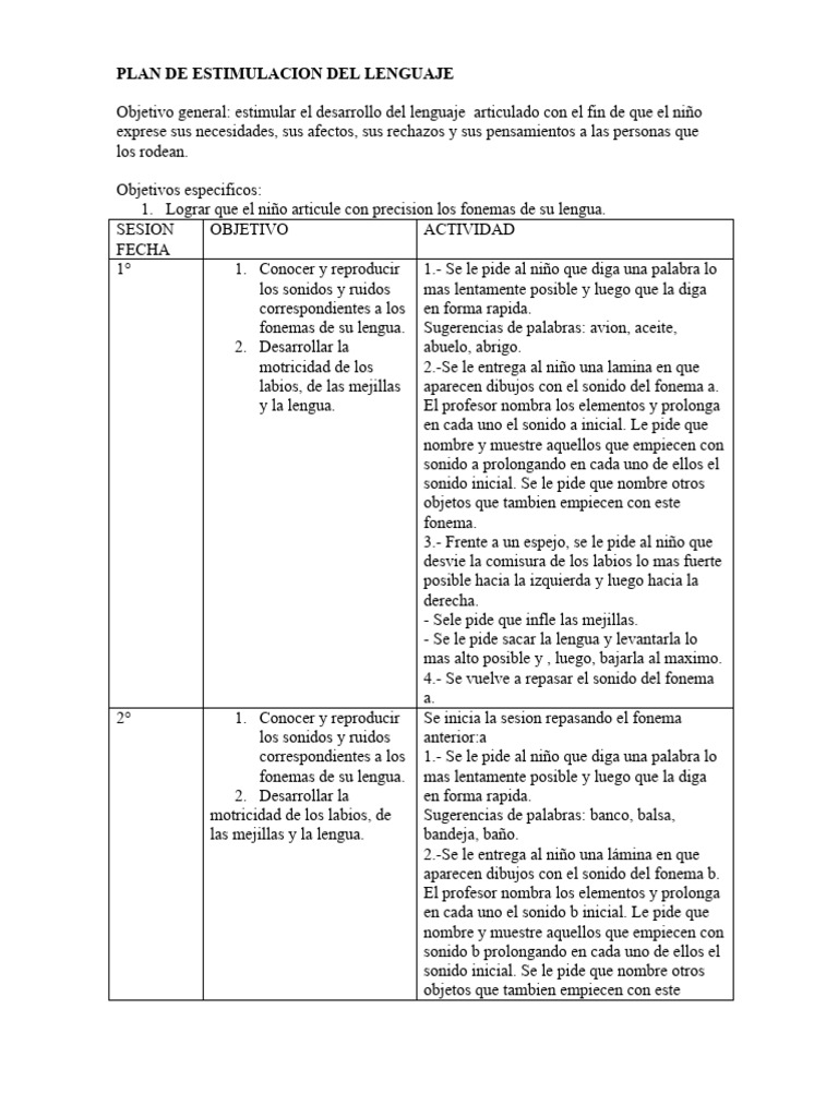 Plan de Estimulacion Del Lenguaje | PDF
