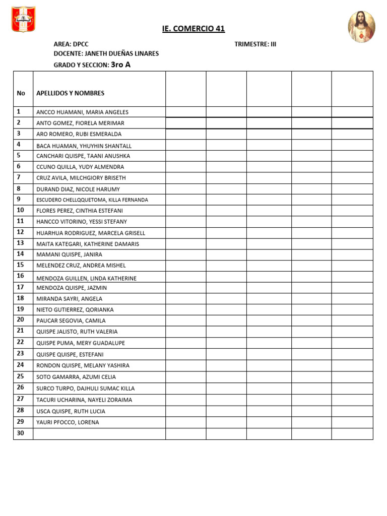 Lista de Estudiantes 3ro A DPCC | PDF