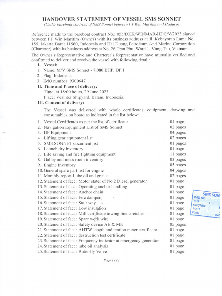 Handover Statement SMS SONNET 29.jun.2023 | PDF