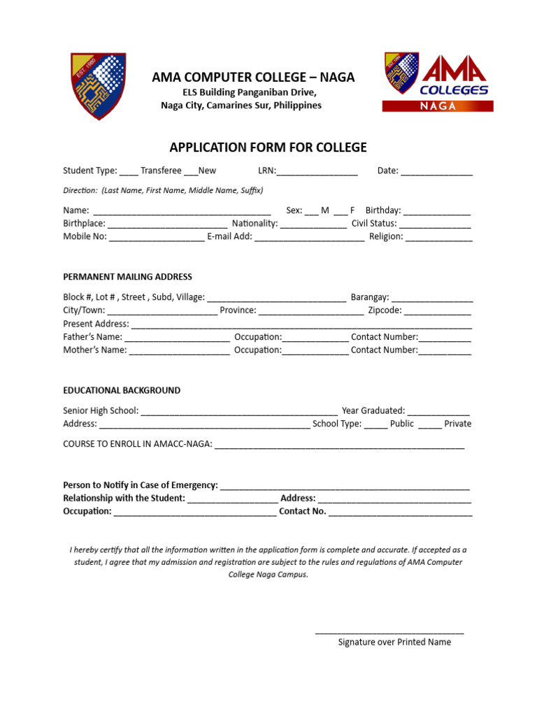 AMA College Application Form - Naga | PDF | Career & Growth