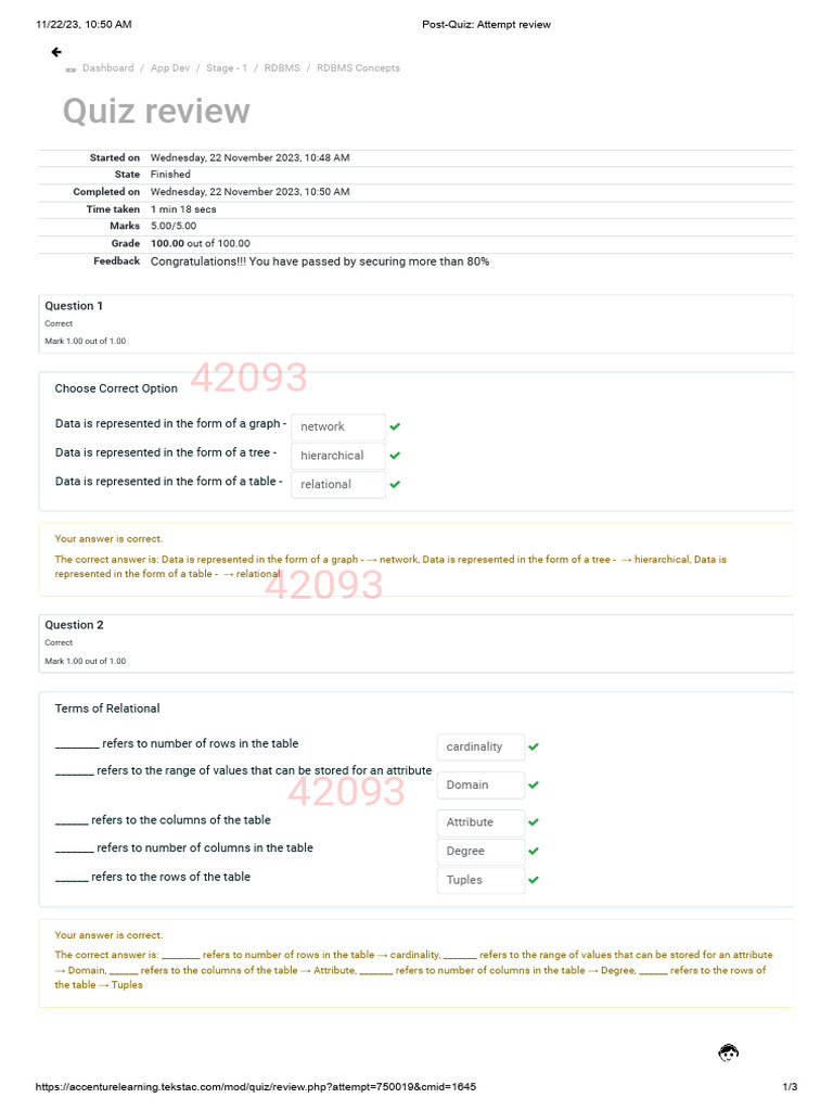 RDBMS Quiz Review Results | PDF | Relational Database | Table (Database)