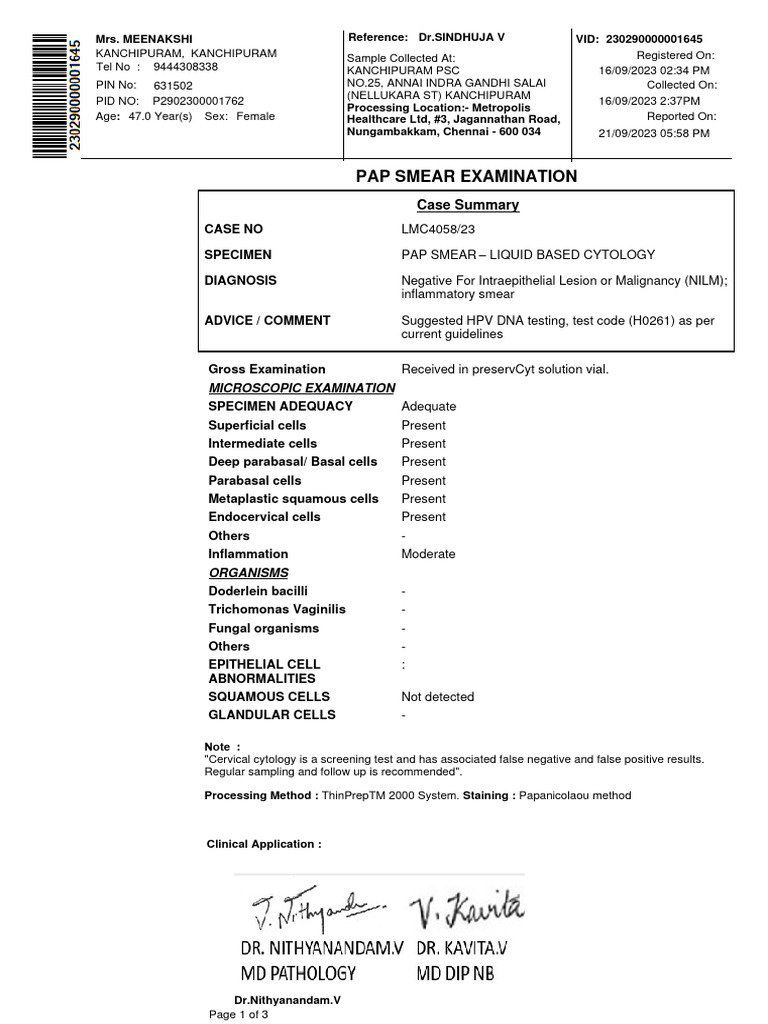 Negative Pap Smear Results for Meenakshi | PDF | Cervical Cancer ...