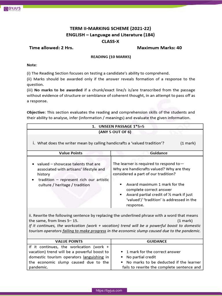 CBSE Class 10 English Marking Scheme | PDF | Communication | Question