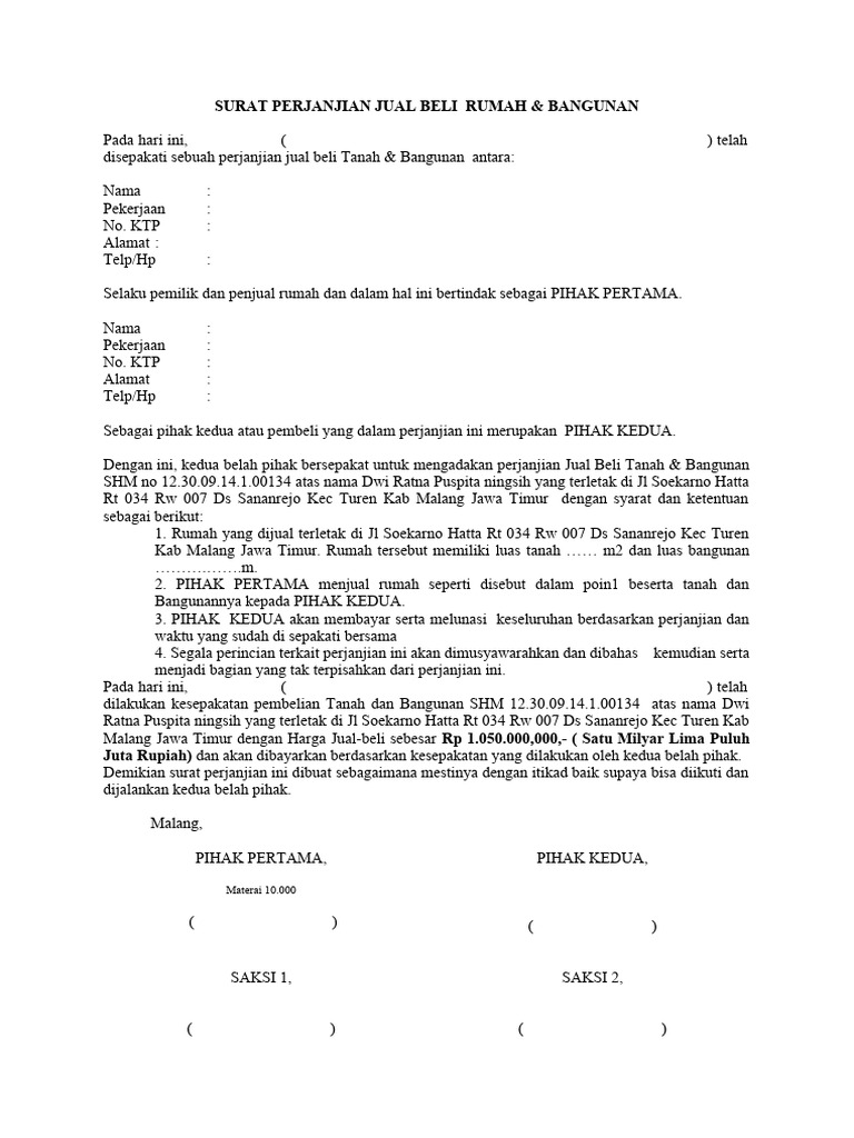 Surat Perjanjian Jual Beli Rumah | PDF