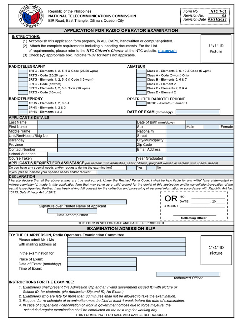 Form No. NTC 1-01 APPLICATION FOR RADIO OPERATOR EXAMINATION | PDF