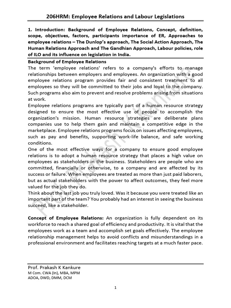 Employee Relations and Labour Legislation | PDF | Labour Law | Employment