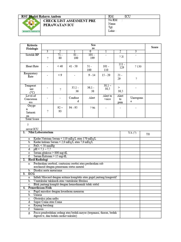 Check List Assesment Pre Perawatan Icu | PDF