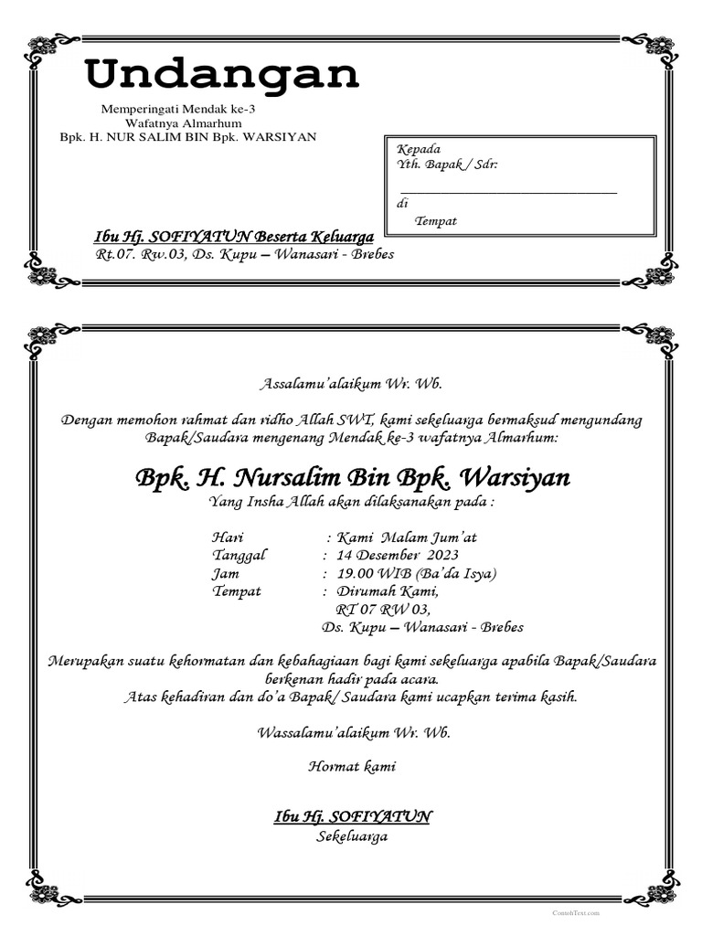 Undangan Tahlil 1000 Hari - Contohtext | PDF