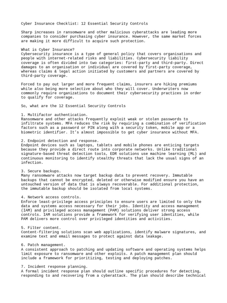 Cyberinsurance Checklist | PDF