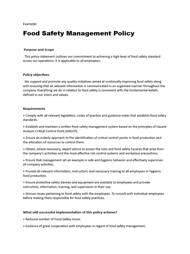 Food Safety Policy Example