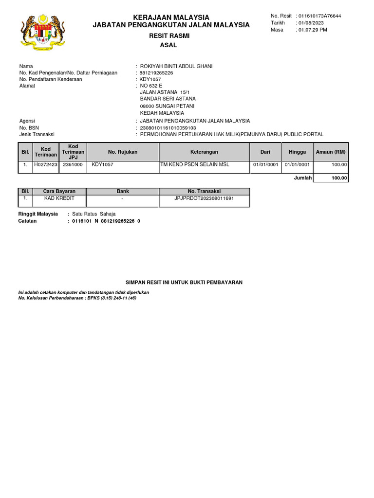 Resit Permohonan Hak Milik JPJ | PDF