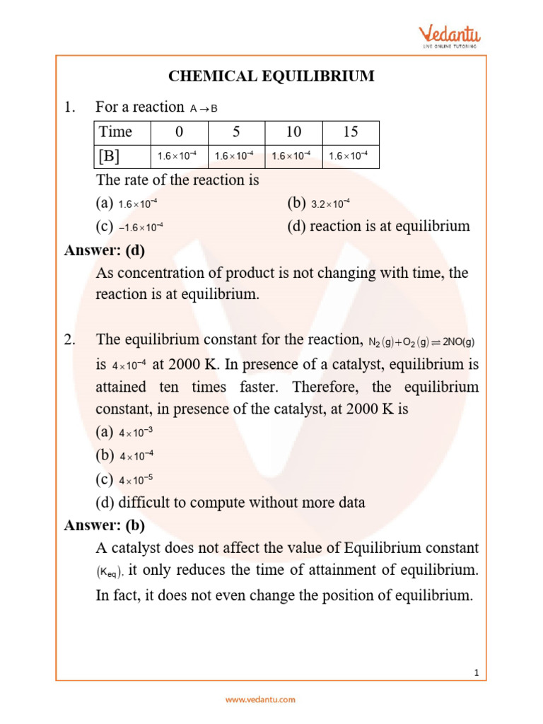 Chemical Equilibrium NEET Important Questions - Free PDF Download | PDF