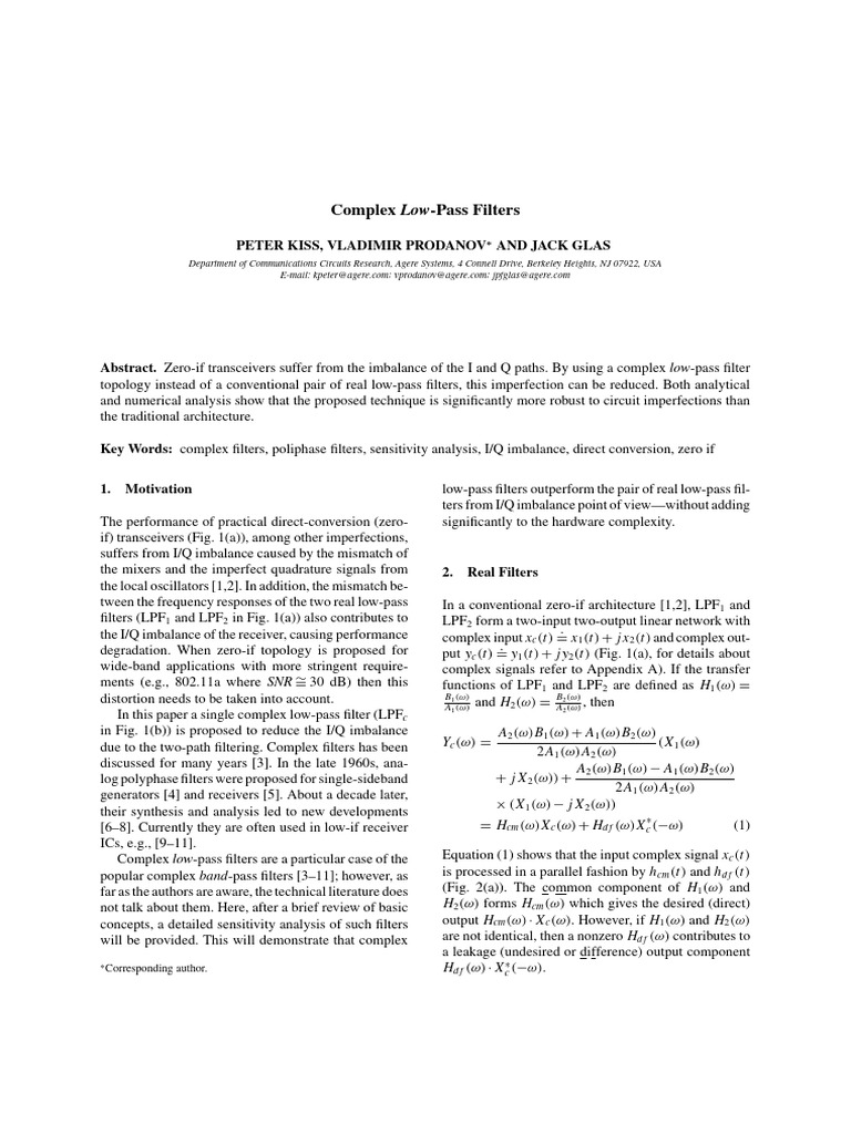 Complex LowPass Filters PDF Filter (Signal Processing) Low Pass