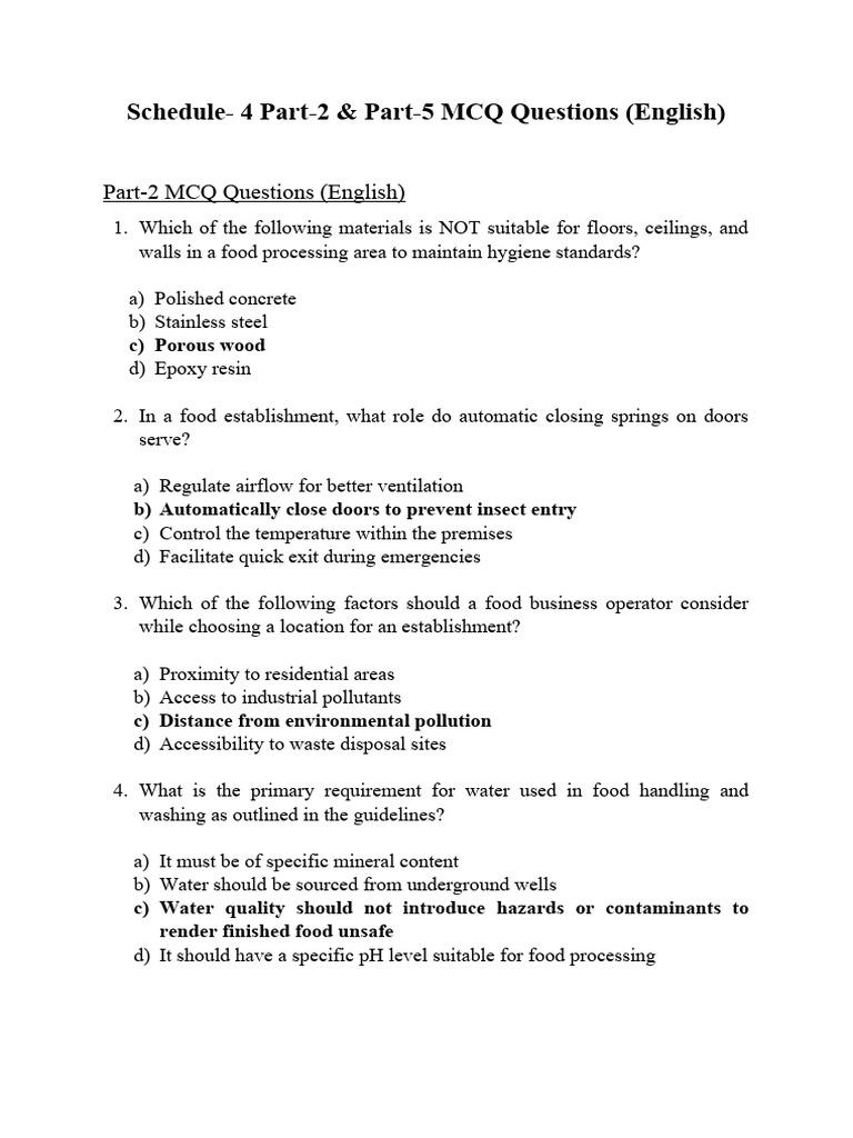 Schedule4 Part 2 & Part 5 MCQ Questions (English) PDF Hygiene