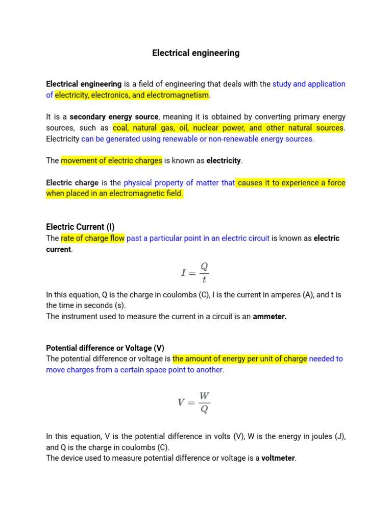Electrical engineering basics PDF Voltage Electric Current