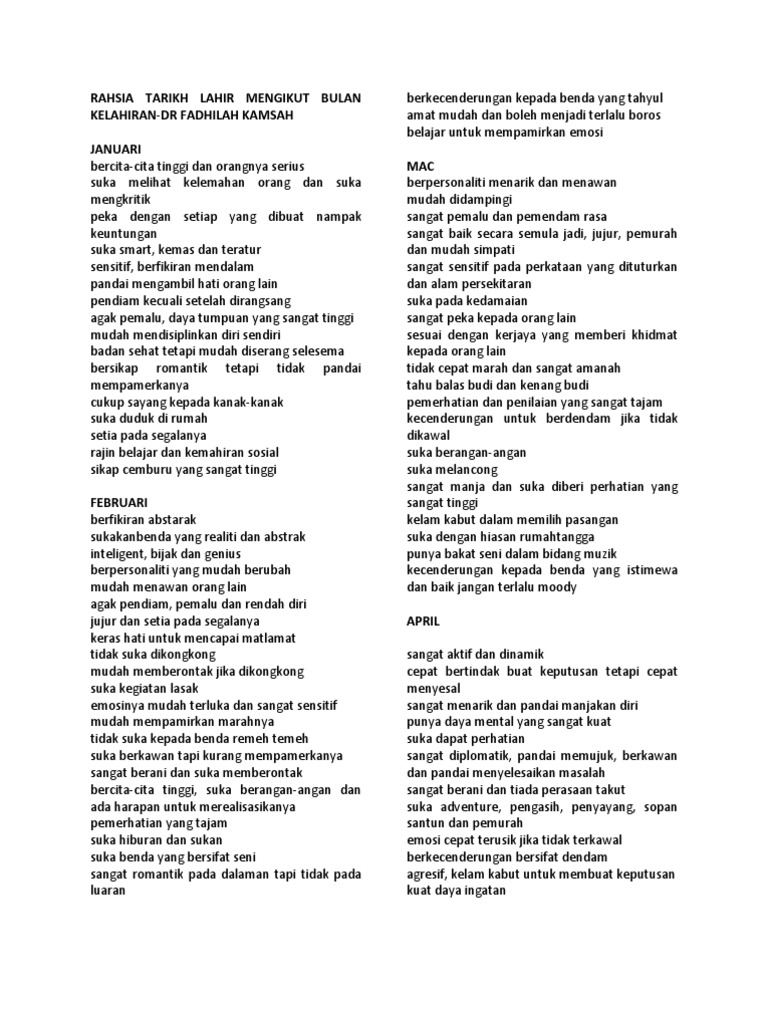 Rahsia Tarikh Lahir Mengikut Bulan Kelahiran Pdf