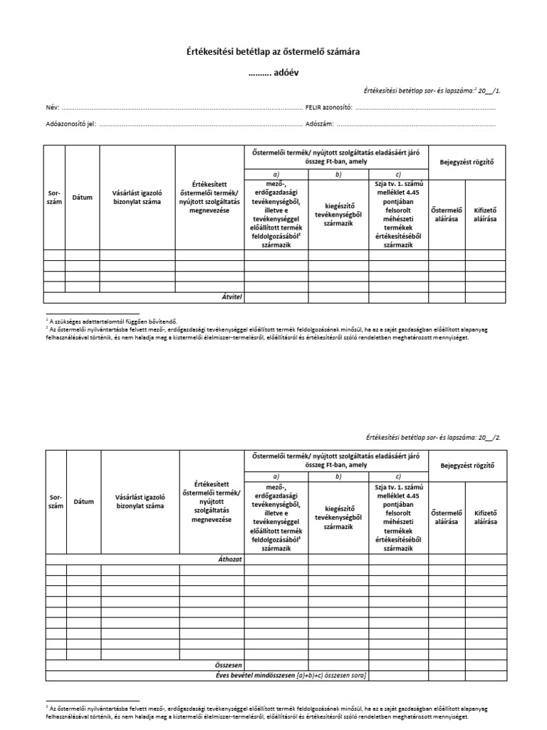 Értékesítési Betétlap Őstermelők Számára | PDF