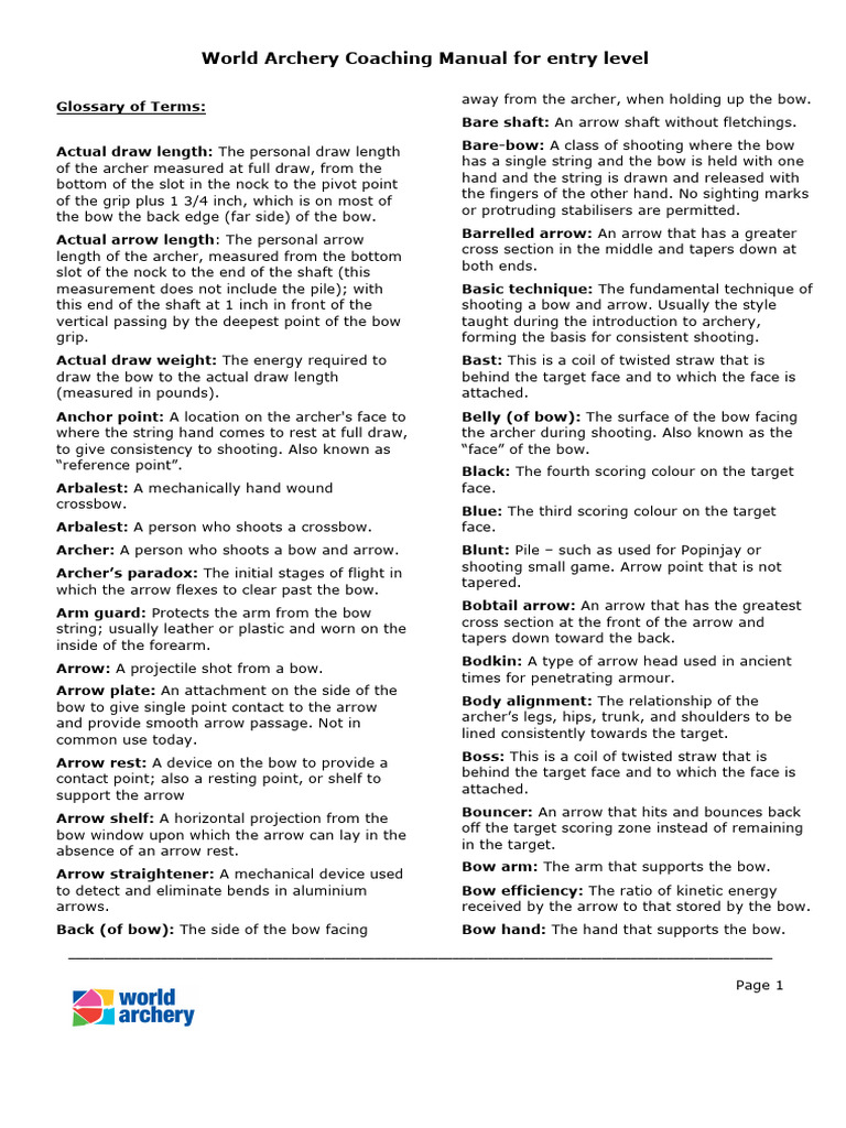 Lexique Des Termes D'archerie World Archery Coaching Manual For Entry