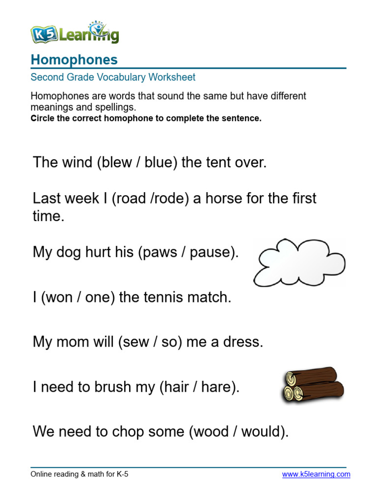 Homophones Worksheet for 2nd Grade | PDF, image size:768x1024