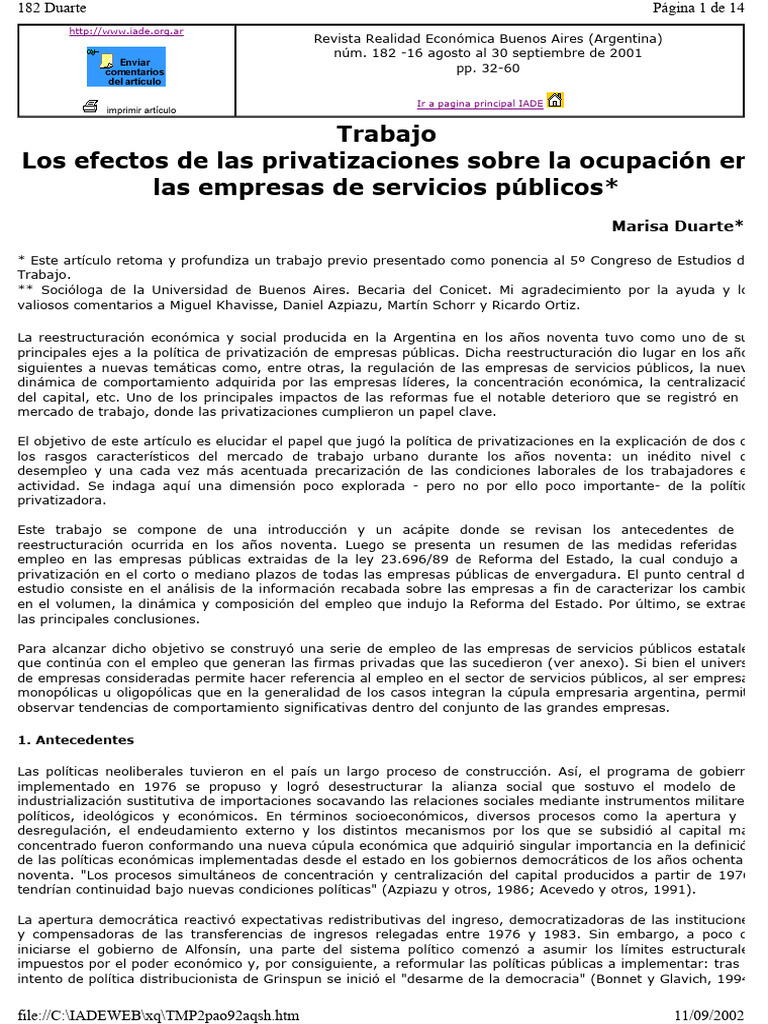Trabajo Los Efectos de Las Privatizaciones Sobre La Ocupación en Las ...