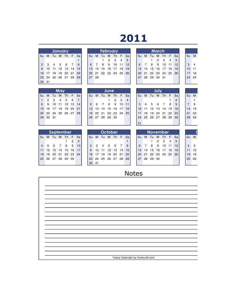 2011 Yearly Calendar Overview | PDF