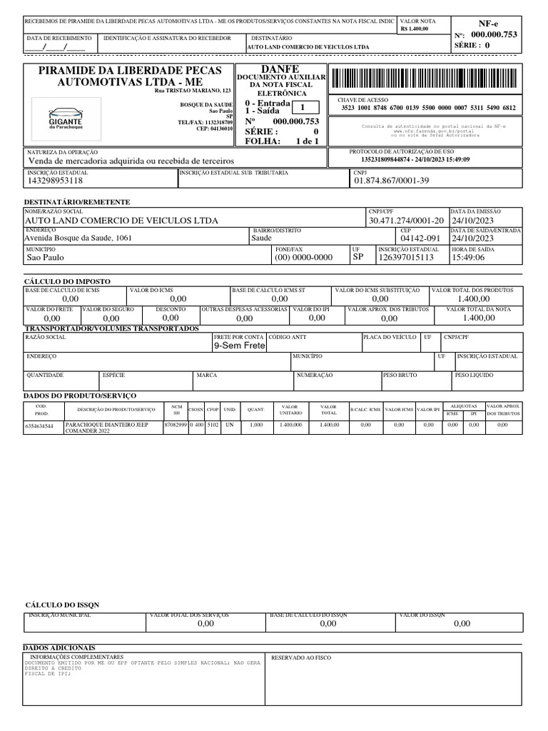 Nota Fiscal Eletrônica de Venda Automotiva | PDF | Recibo | Contabilidade
