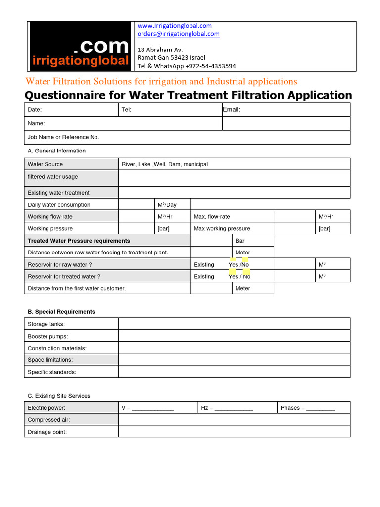 Questionnaire Water Treatment Filtration Application PDF Water