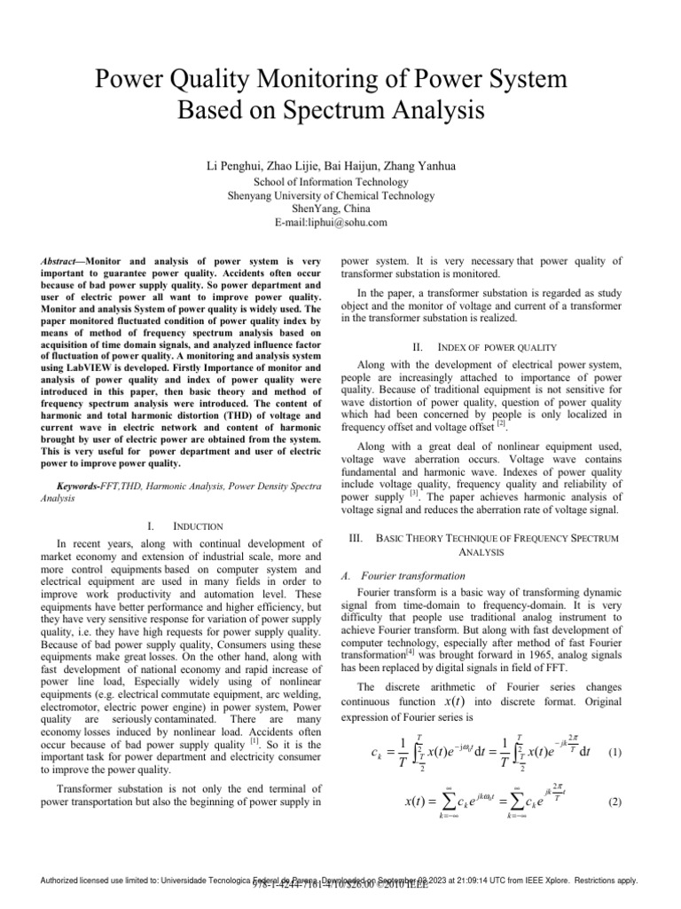 Power Quality Monitoring of Power System Based On Spectrum Analysis PDF