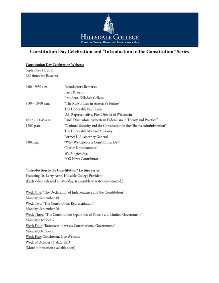 Constitution Day Celebration and Introduction to the Constitution Lecture Series at Hillsdale
