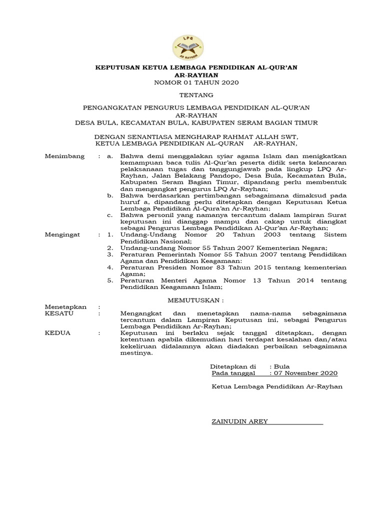 Contoh SK TPQ Terbaru | PDF