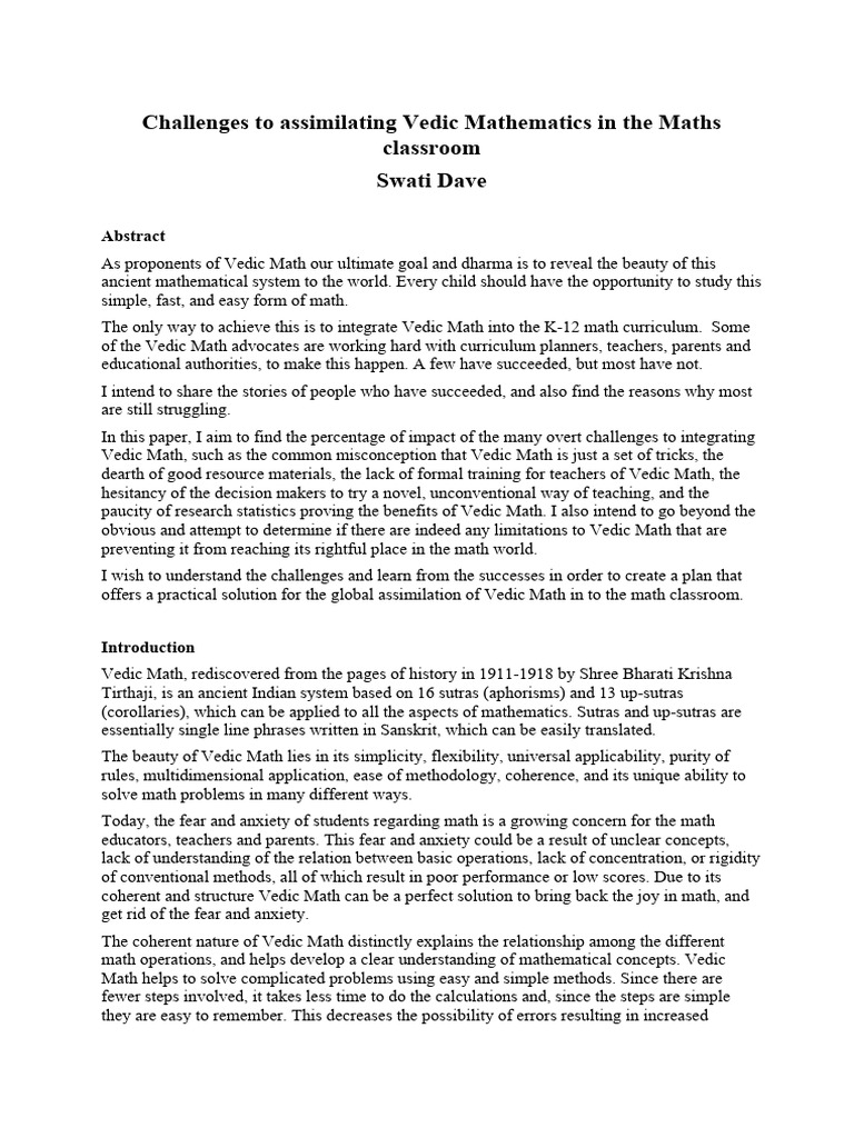 Challenges to assimilating vedic mathematics in the maths classroom