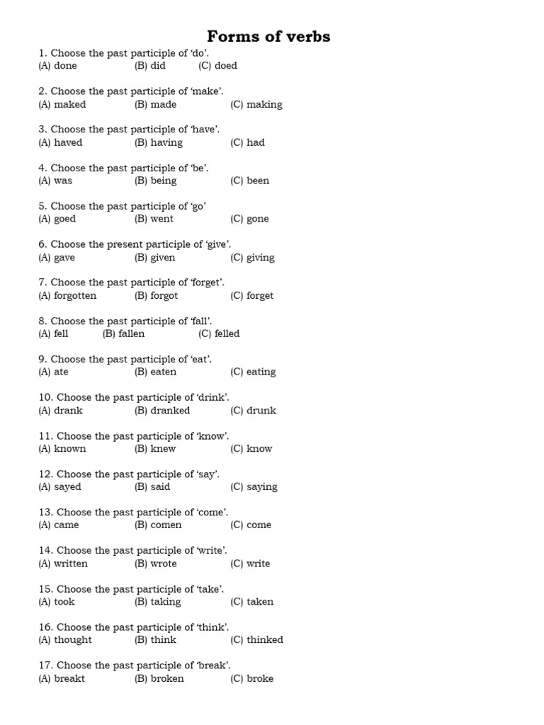 Verb Forms Worksheet for Class 1 | PDF