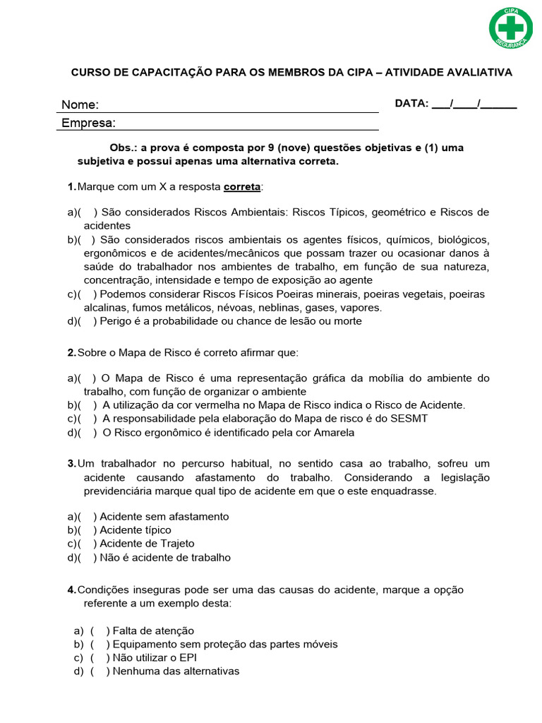 Prova Formacao de CIPA Completo | Download grátis PDF | Combustíveis ...