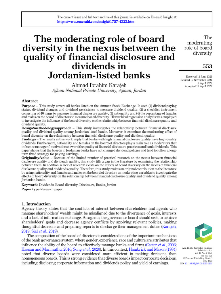 The Moderating Role of Board Diversity in The Nexus Between The Quality ...