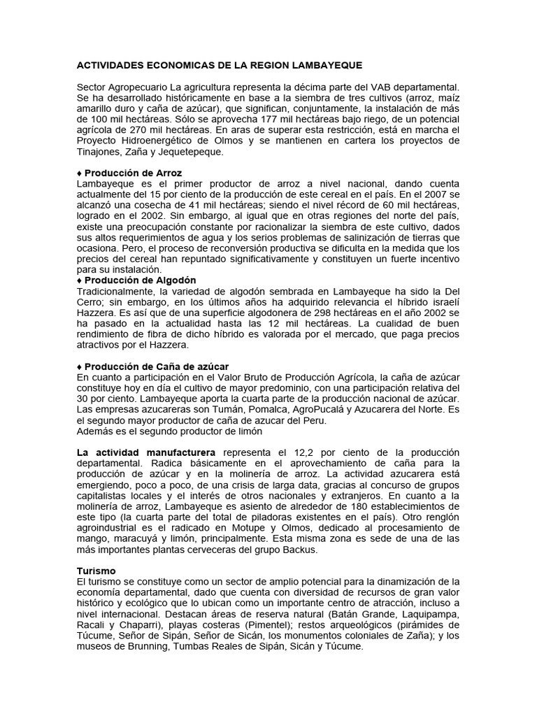 Actividades Económicas en Lambayeque | PDF | Algodón | Agricultura