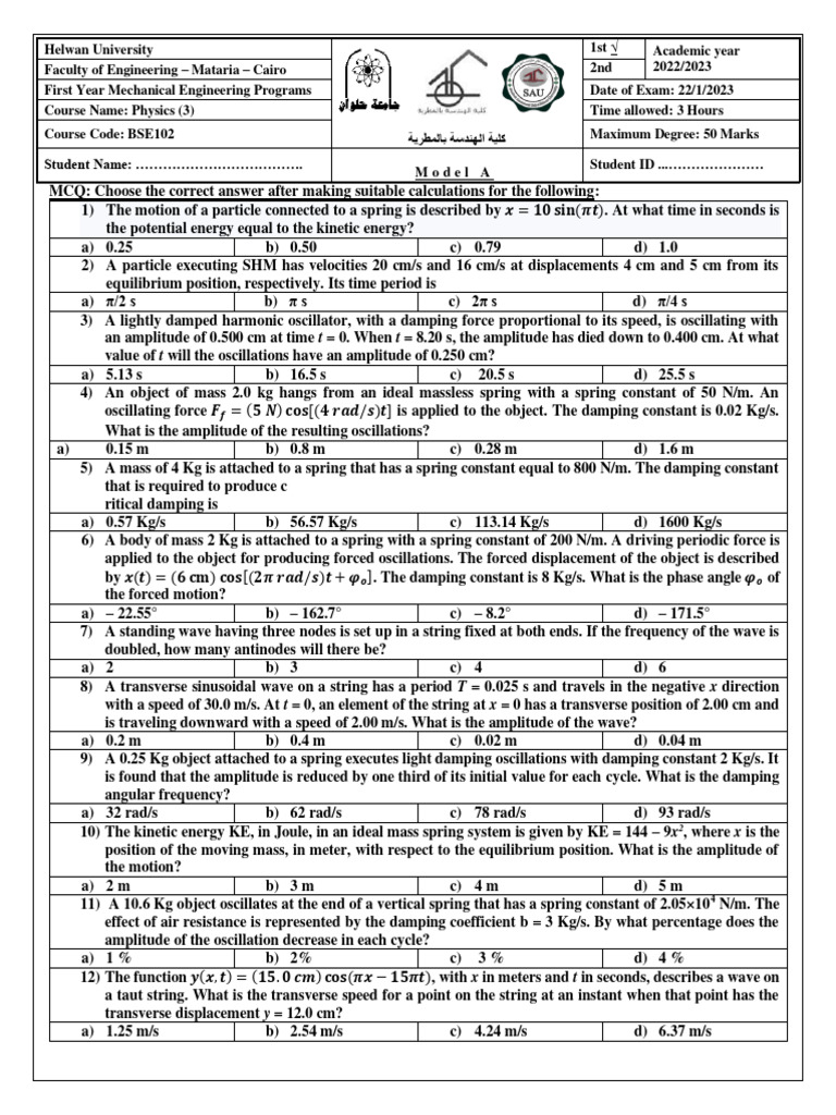 Physics MCQs on Oscillations and Waves | PDF | Oscillation | Damping