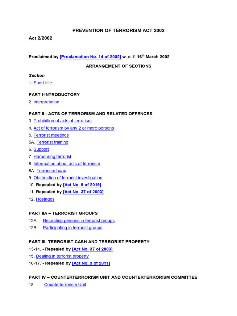Prevention of Terrorism Act 2002 | PDF