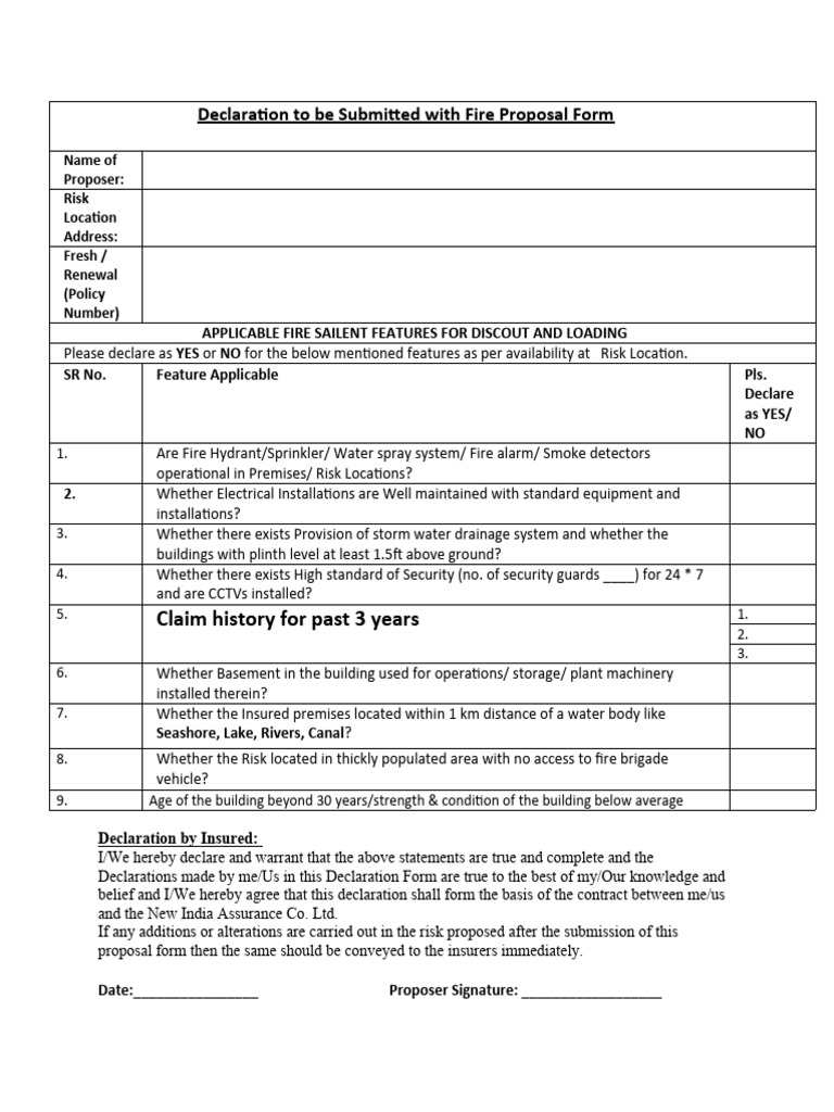 New Declaration To Be Submitted With Fire Proposal Form | PDF