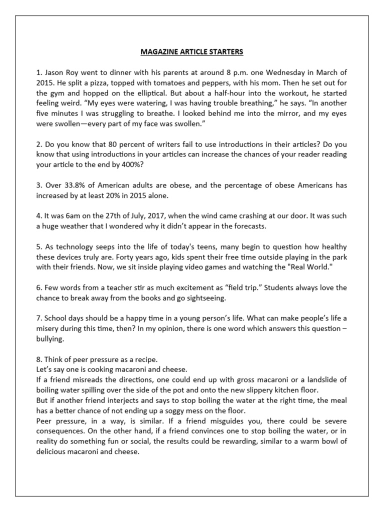 Grade 8 magazine article starters pdf