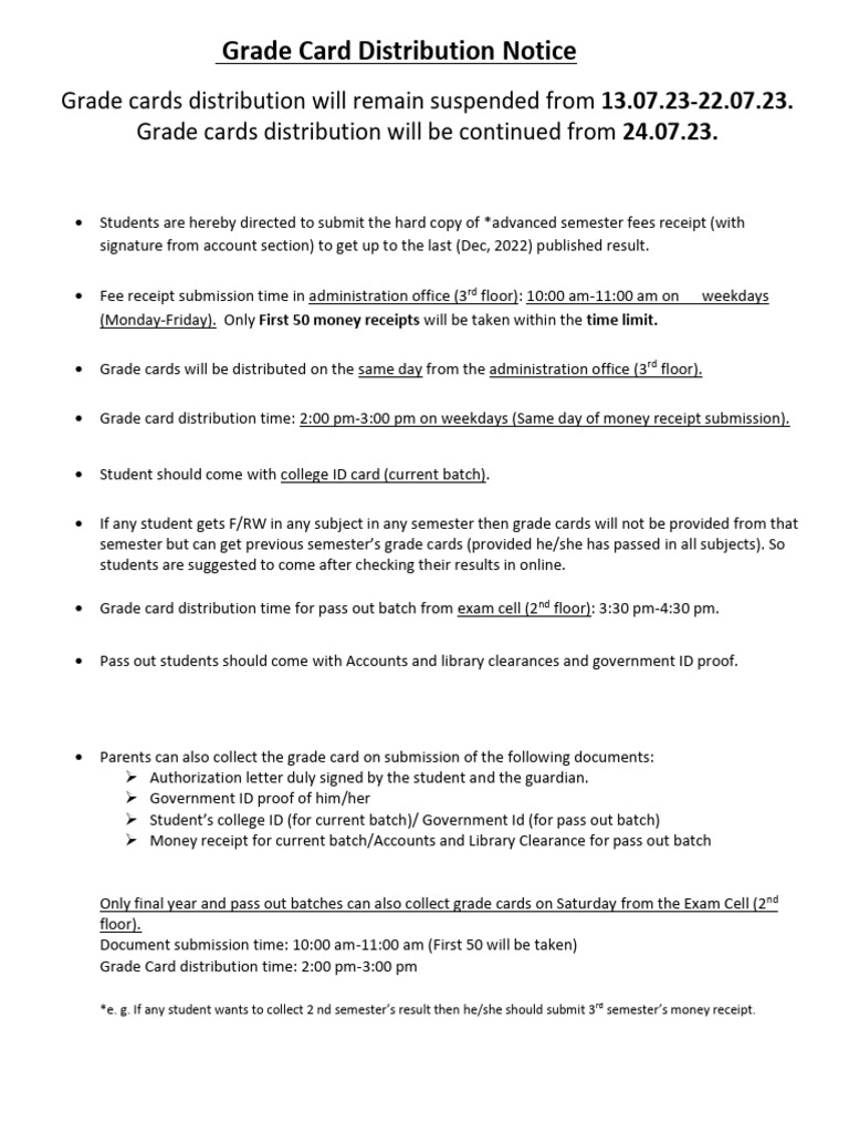 Grade Card Distribution Guidelines 2023 | PDF
