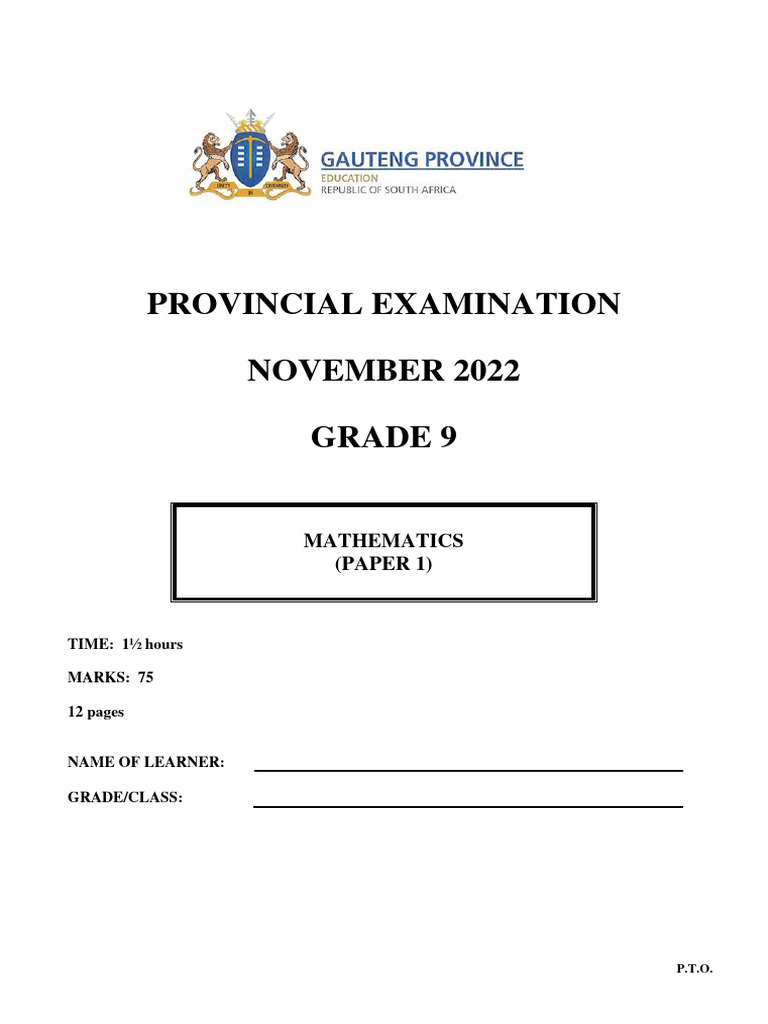 Gr 9 Mathematics P1 English November 2022 Question Paper Pdf